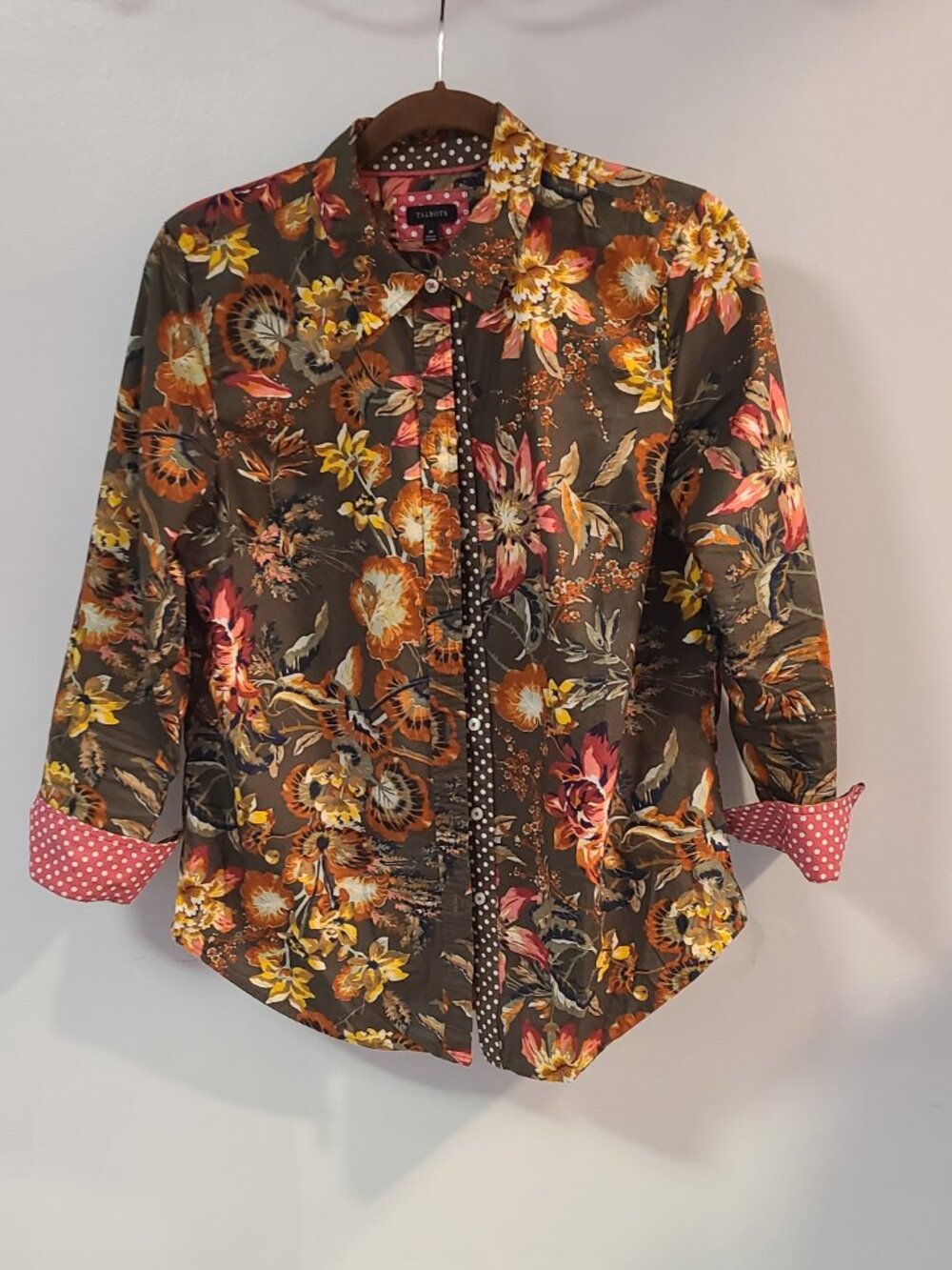 Talbots Green Fall Floral Long Sleeve Button Down Shirt Size Medium